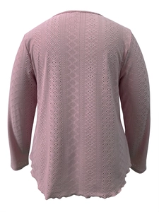 Women's mauve long sleeve knit top with scalloped hem and geometric eyelet pattern