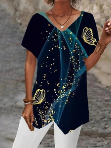 Detail of loose fit V-neck T-shirt featuring blue geometric lines and golden butterflies