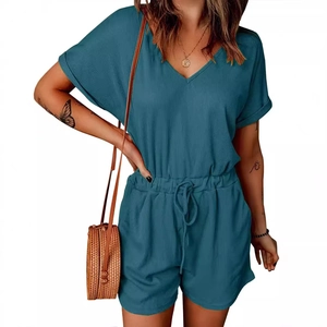 Lakeside blue V-neck ribbed romper with rolled sleeves and drawstring waist for summer