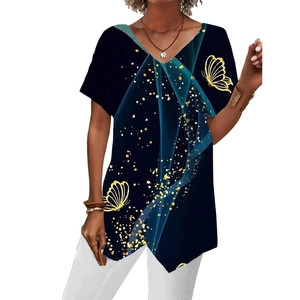 Detailed view of women's loose V-neck T-shirt with blue ribbon and gold butterfly print