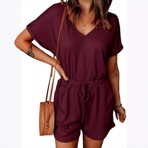 Women's V-neck ribbed romper with drawstring waist and cuffed sleeves in deep red hue