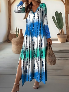 Women's V-neck long sleeve maxi dress with blue and green tie-dye print and side slit