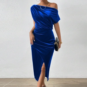 Detail of royal blue velvet dress featuring off-shoulder neckline and high side slit