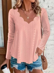 Pink scallop V-neck eyelet embroidered long sleeve top in a casual relaxed fit