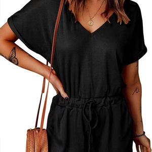 Women's black V-neck short sleeve romper with ribbed texture and drawstring waist