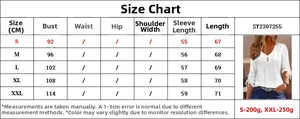 Size guide with measurements for women's jacquard button long sleeve t-shirt