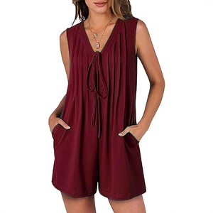 Women's V-neck sleeveless burgundy romper with side pockets and tie front detail