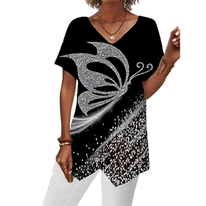 Women's black V-neck t-shirt with asymmetric hem and silver glitter butterfly print