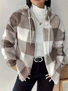 Women Loose Plaid Hooded Fleece Jacket Zipper Up Double Sided Velvet Coat Warm Long Sleeve Grid Outerwear For Autumn Winter
