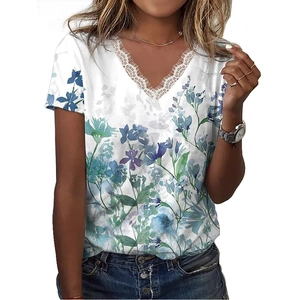 T-shirt da donna con scollo a V a fiori e bordo in pizzo bianco in stile estivo rilassato