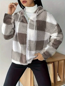 Women's cozy plaid fleece hooded jacket with full-zip front and warm sherpa texture