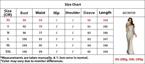 Detailed size chart in centimeters for long sleeve slim evening dress ranging from XS to XXL