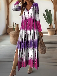 Women's V-neck long sleeve tie-dye maxi dress with side slit and artistic purple prints