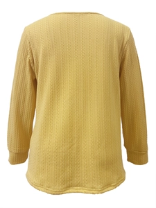 Bright yellow knit long sleeve top featuring scallop V-neck and cable texture finish