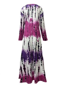 Rear view of long sleeve V-neck maxi dress with purple tie-dye vertical stripe pattern