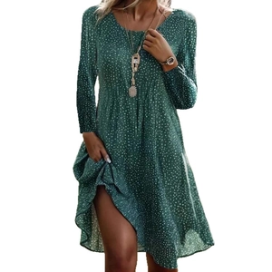 Robe femme vert foncé à pois blancs avec manches longues et col rond style décontracté