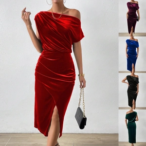 Elegant Velvet Off Shoulder Midi Dress Asymmetric Draped High Slit Bodycon Party Gown For Wedding Evening Commute Women