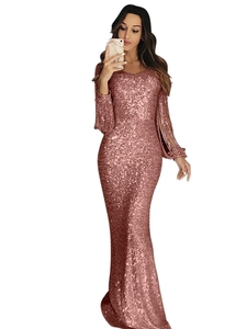 Women Sexy V Neck Sequin Evening Gown Tassel Long Sleeve Bodycon Mermaid Maxi Dress For Wedding Party Formal Event