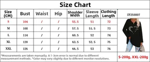 Size chart showing measurements for the heart print long sleeve V-neck top in sizes S to XXL