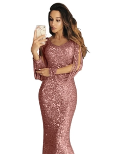 Detail of rose gold sequin evening dress featuring long sleeves with fringe tassels