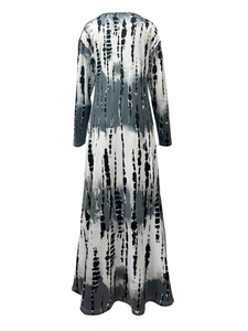 Women's long sleeve tie-dye maxi dress with vertical black and grey abstract patterns