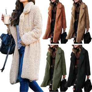Multiple colors of women's long sleeve teddy fur coats with large lapel in a collage view