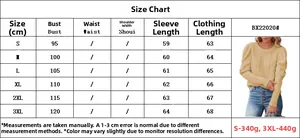 Detailed size chart for textured long sleeve sweatshirt with bust and length measurements