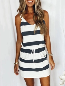 Women's V-neck striped spaghetti strap dress with high waist tie and front pockets