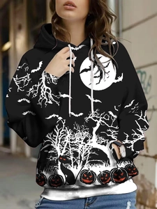 Women's Halloween hoodie featuring digital moon, bats and orange pumpkin prints