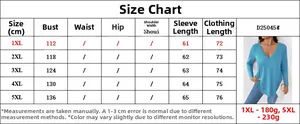 Size chart for plus size V-neck long sleeve top with chest and length measurements