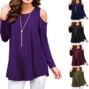 Cold shoulder long sleeve t-shirt shown in purple, navy, black, wine red, and army green