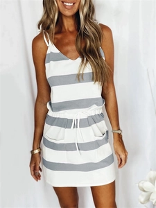 Women's V-neck striped tank dress with drawstring waist and pockets in grey and white