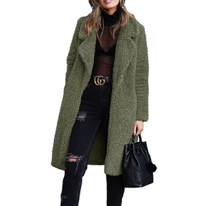 Detail of army green teddy coat featuring plush faux fur texture and lapel collar design