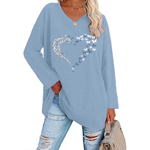 Detailed view of V-neck long sleeve tee with leopard print and butterfly heart design