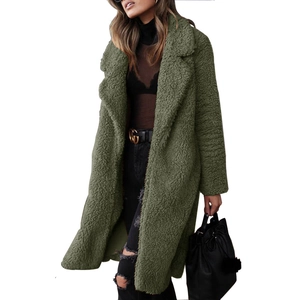 Detail view of Forest Green Teddy Fleece Coat with thick textured lapels and long sleeves