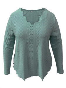 Detail of teal long-sleeve top with scallop V-neck and hollow out eyelet texture