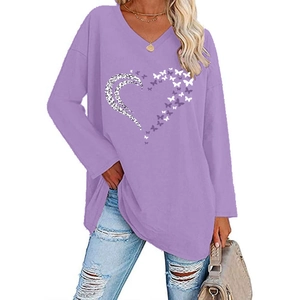 Detail of V-neck long sleeve purple tee featuring leopard and butterfly heart print
