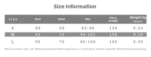 Detailed size chart for the tube top printed dress showing measurements for S, M, and L sizes