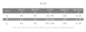 Detailed size chart for floral print dress with bust, waist, and hip measurements in cm