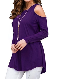 Detail of a dark purple cold-shoulder long sleeve top with soft knit fabric and round neck