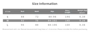 Size chart for halter neck slit maxi dress with detailed bust, waist, and hip measurements