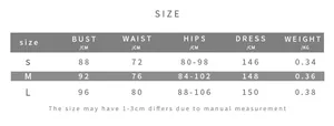 Detailed size chart for the deep V-neck halter maxi dress with S-L measurements