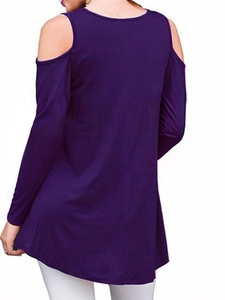 Rear view of a casual deep purple cold-shoulder long sleeve top with soft knit fabric