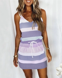 Women's summer striped maxi dress with V-neck, spaghetti straps and waist drawstring