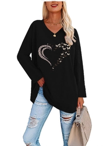 Relaxed V-neck long sleeve tee in black featuring a heart leopard butterfly print