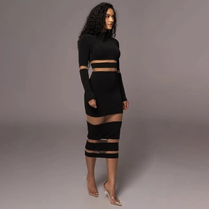 Detail of sexy black bodycon dress featuring mesh patchwork and high collar neck design