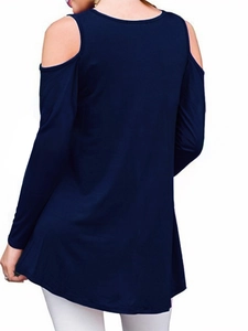 Back view of cold shoulder long sleeve top in navy blue with a loose casual fit