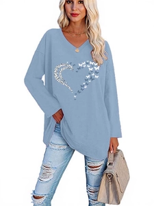 Casual loose V-neck long sleeve top in light blue with heart leopard butterfly print