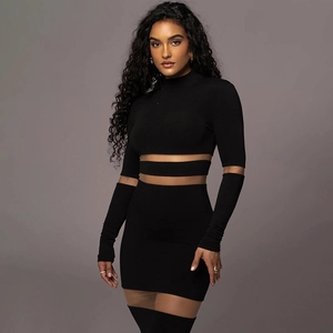 Detail of sheer mesh paneling on a black high-neck crop top and bodycon skirt set