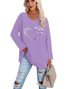 Women's lavender V-neck long sleeve T-shirt with leopard heart and butterfly print design